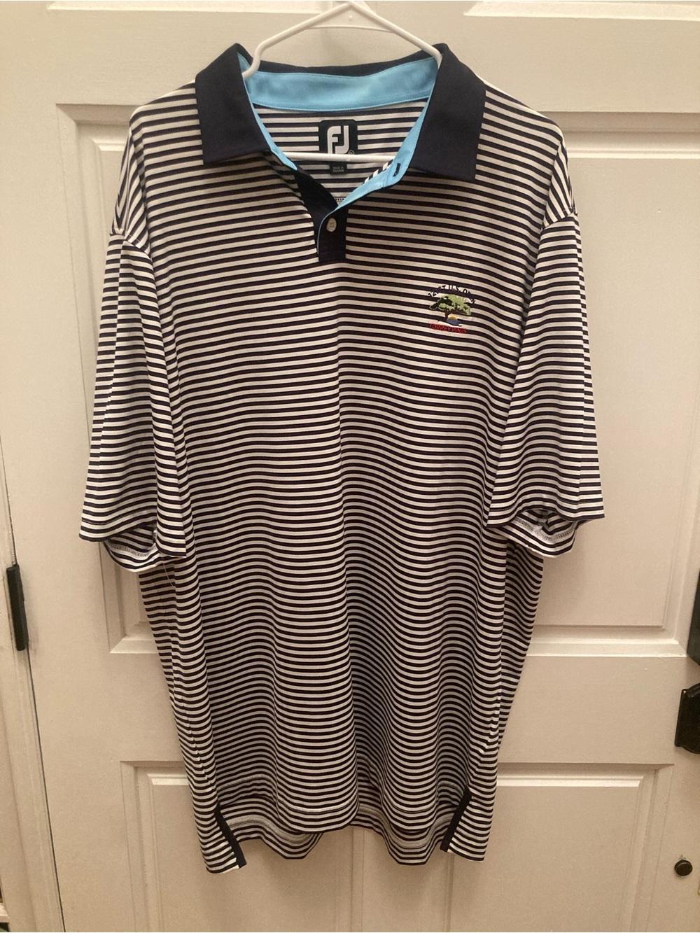FootJoy Men's Torrey Pines Navy and White Striped Polo with Light Blue Trim